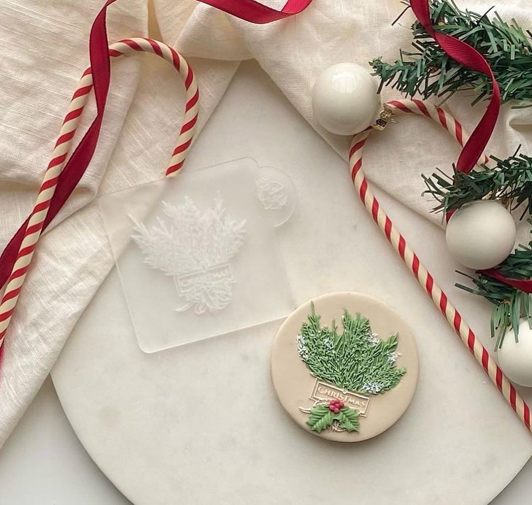 Tampon biscuit, Noël, Bouquet feuilles de Noël